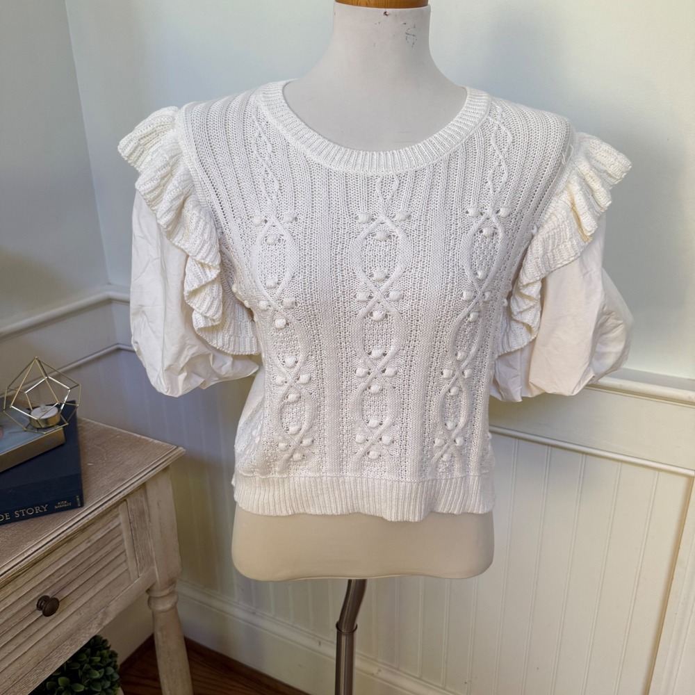 Grace White Pointelle Knit Ruffle Puff Sleeve Sweater GWT1225 Womens Small